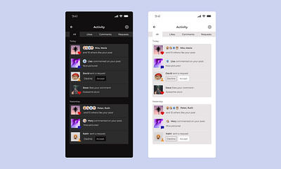 Activity feed UI (Light and Dark modes)