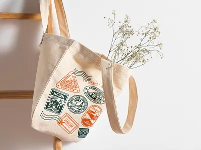 Tote bag design bag design flat illustration passport retro stamp tote tote bag travel vector wedding