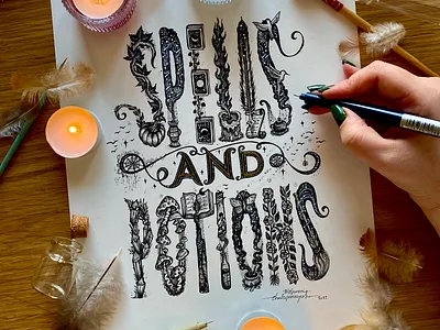 Spells & Potions - Illustrated Typography art branding design drawing galaxy graphic design handmade illustration lettering logo magic nature spells surreal type typography