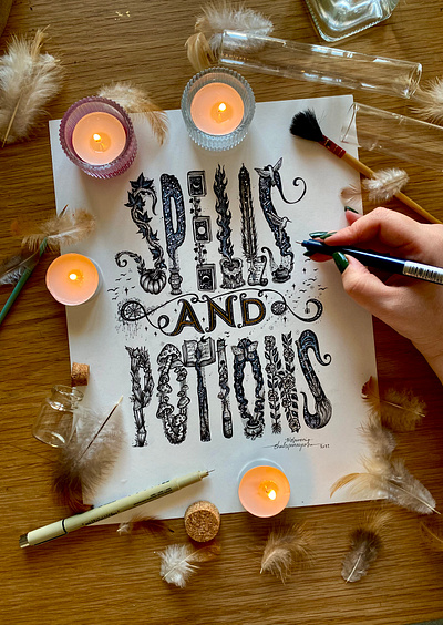 Spells & Potions - Illustrated Typography art branding design drawing galaxy graphic design handmade illustration lettering logo magic nature spells surreal type typography