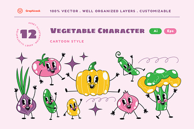 Pink Cartoon Vegetable Character Illustration broccoli cartoon cartoon style character flat design style landing page paprika tomato vegetable vegetable character