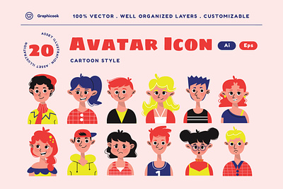 Pink Cartoon Style Avatar Icon Set Illustration avatar boy diversity flat design style girl graphicook icon landing page man woman