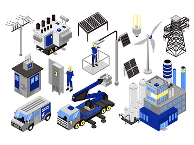 Isometric Electricity 3d design electricity elements flat generator illustration industry isometric isometry line panel people power solar station transformer vector web website