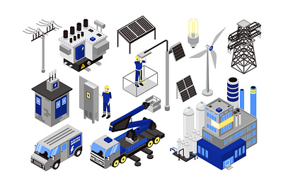 Isometric Electricity 3d design electricity elements flat generator illustration industry isometric isometry line panel people power solar station transformer vector web website