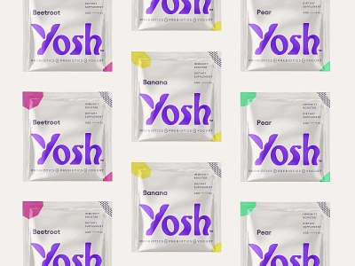 Yosh Pocket Sachets food health immunity logo logotype packaging pocket prebiotics probiotics sachet supplement wordmark yogurt