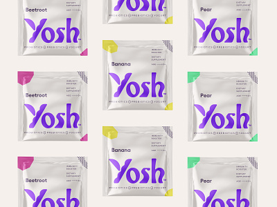Yosh Pocket Sachets food health immunity logo logotype packaging pocket prebiotics probiotics sachet supplement wordmark yogurt