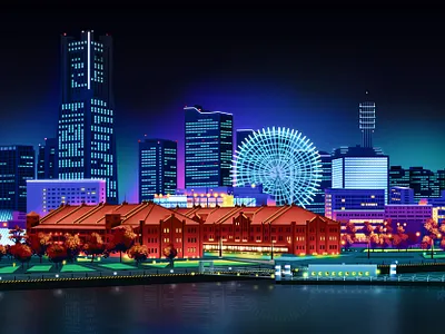 Yokohama by Night illustration night print vector
