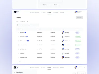 Rigor — Tasks actions assign task builder contractor crm crypto lender platform status task ui ux design web web3