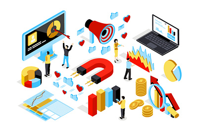 Isometric Marketing Elements 3d analysis business chart design digital elements finance flat illustration infographics isometric isometry marketing people statistic strategy vector web website