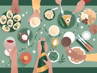 Dinner christmas digitalart dinner drawing festive food green hands holiday illustration italian party people tapas wine xmas