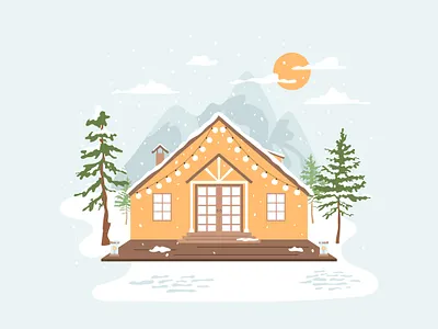 Winter cozy house in forest with mountains concept coniferous cozy flat design home house illustration landscape patio terrace vector winter