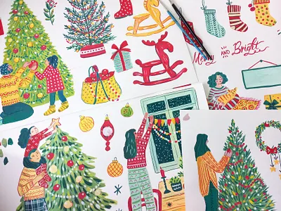 Christmas time art christmas christmas time christmas tree drawing gouache hand drawn illustration painting pattern winter