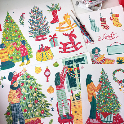 Christmas time art christmas christmas time christmas tree drawing gouache hand drawn illustration painting pattern winter