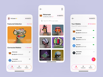 Multi-wallet NFT mobile app 3d art crypto defi design explore figma mobile app nft nft aggregator nft marketplace ui ux web 3