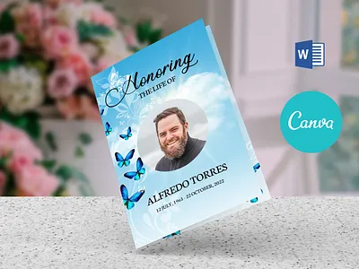 Heavenly sky and Butterfly Funeral Program Template canva funeral template canva template funeral design