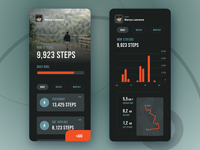 Practise step counter app account app avatar buttons dark graph map numbers photo stats step ui ux