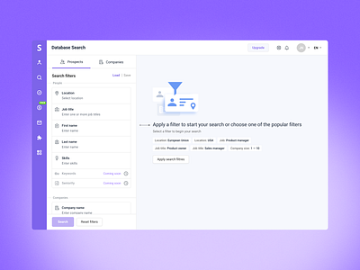 Database Search in Snov.io base data design filter illustration list marketing searh ui ux