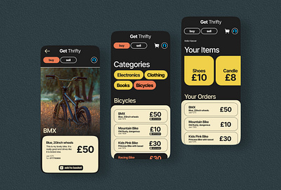 Get Thrifty app branding dark design e commerce front end graphic design illustration mobile shop theme typography ui ux