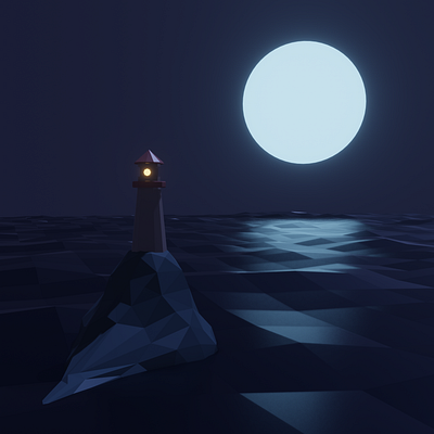 Lighthouse in Moonlight ⚓️ 3d 3d art 3d illustration 3d modeling 3d render blender blender 3d blue design eevee illustration lighthouse low poly moonlight night ocean