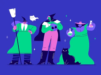 Witches cat characters collection design flat girl halloween illustration trick or treat vector witch witches