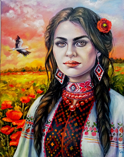 Original Oil Painting, Portrait of Ukrainian Woman, Ukraine art bird hand painted handmade paint painting poppy portrait ukraine woman