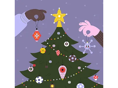 Hands decorates a Christmas tree 2d branding christmas tree decoration graphic design hands illos illustration snowflake ui vector vector art
