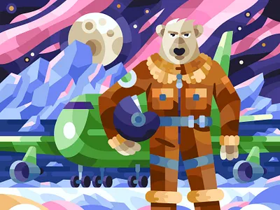 Polar Pilot arctic bear illustration night northern lights pilot plane senko