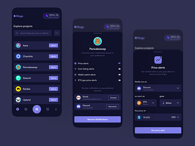Notification mobile app for dApps blockchain cypto dapps defi design explore figma finance infra mobile app notifications price ui ux web3