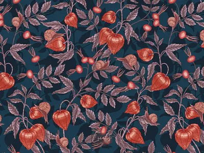PHYSALIS GARDEN - patterns & motifs autumn design drawing elegant fabric design flower graphic design illustration luxury pattern pattern design physalis plants retro seamless pattern snails textile design vintage wallpaper wrapping