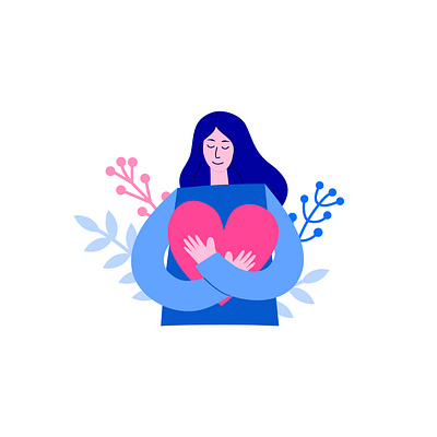 Self love concept blue character cute design flat floral girl graphic design health heart hugs illustration love yourself mental narcissistic pink self love woman