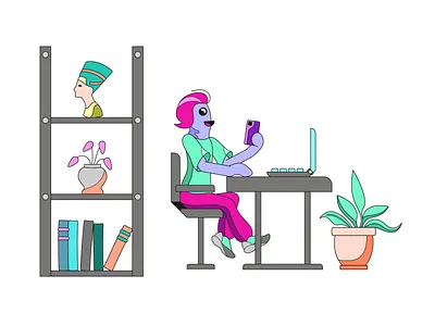 "Work communication" Illustration alien book bookshelf ch character communication computer flat illustration phone plant technologies vector work
