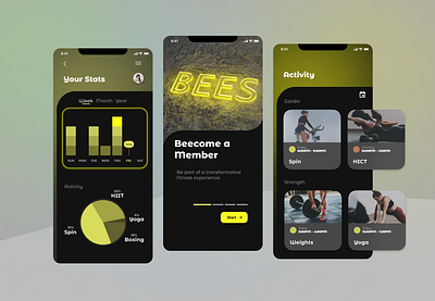 BEES Fitness Studio app app bees branding dark mode dark theme fitness gym ios mobile neon ui yellow