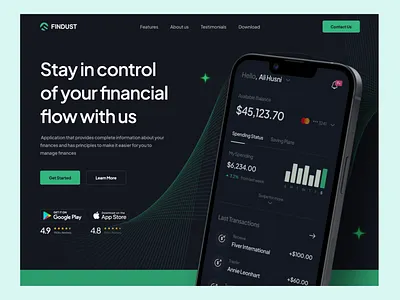 Findust - Finance Landing Page Animation animation banking branding clean darkmode digital wallet finance fintech landing page graphic design landing page management app minimalist mobile banking motion graphics ui uiux wallet web web app web design