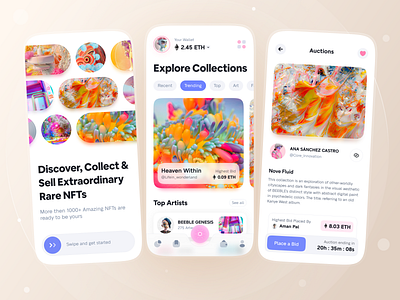 NFT Marketplace App Concept app design crypto cryptocurrency design eth ethereum futuristic illustration marketplace mobile app mobile ui nft token ui ui design uiux