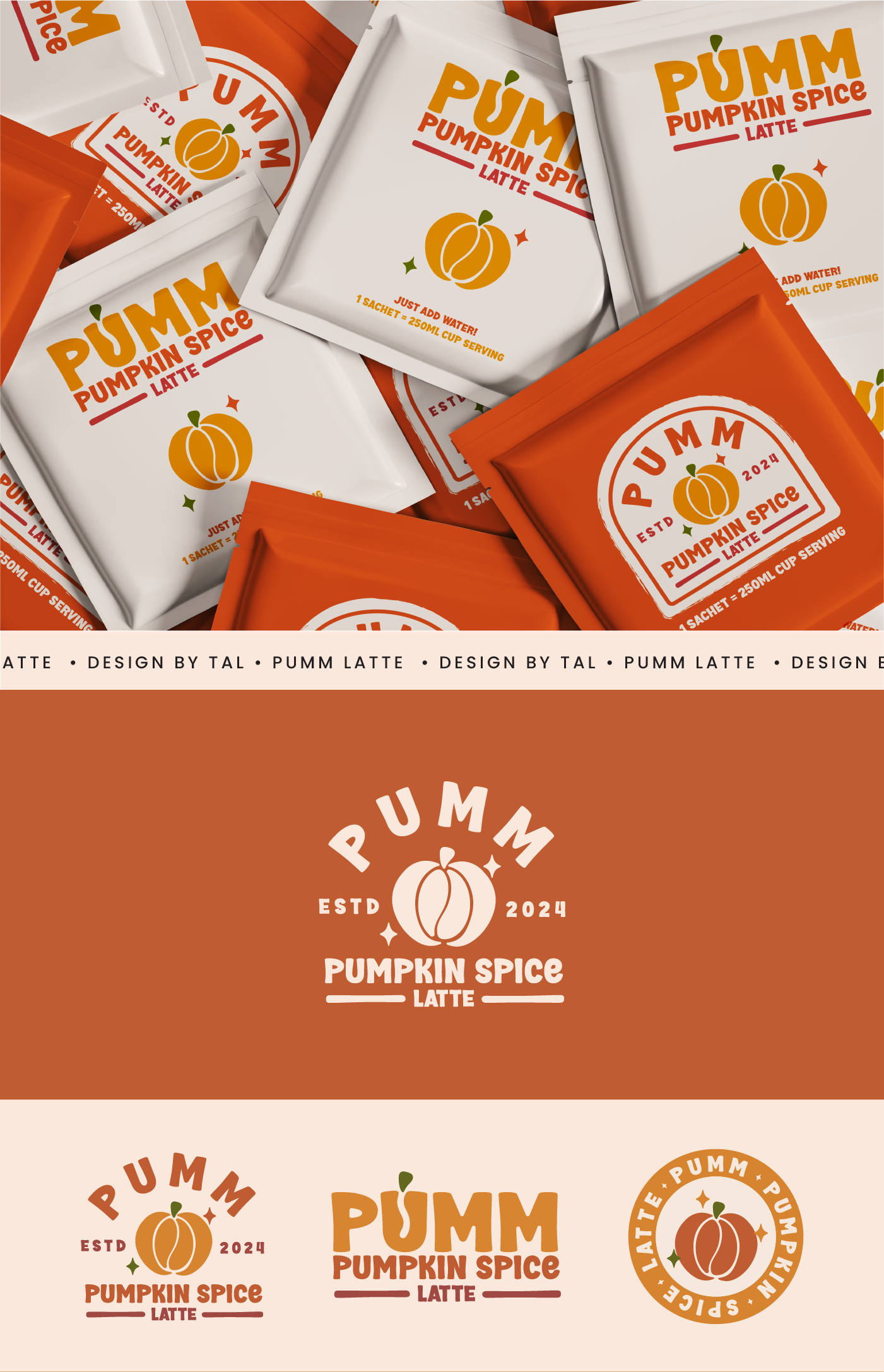 Pumpkin Spice Latte Coffee Brand Identity & Packaging Design brand designer brand guidelines brand identity branding coffee branding coffee packaging food packaging graphic design label label design logo logo design logo designer packaging packaging design pouch design visual identity