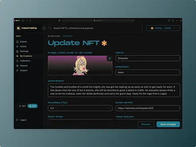 NFT Creator Dashboard - Update NFT 3d art blockchain dark mode defi design digital art explore figma infra nft nft creator dashboard royalty share ui update nft ux web3