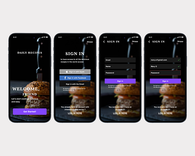 Recipe app app design interface registration ui ux