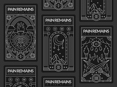 Pain Remains Card crescent crescent moon dagger eye eyes fire flame heart line art monoline moon mount mountain pillar playing card rainbow sacred heart tarot tarot card torch