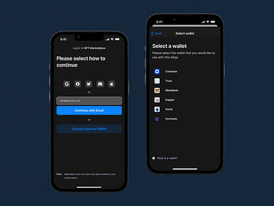 NFT Marketplace user sign in blockchain crypto dailyui dapp darkmode decentralized app design mobile ui nft sign in ui ux web3 web3.0