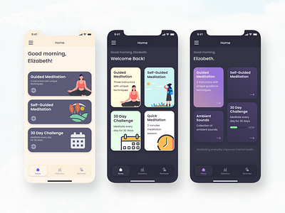 Meditation mobile app - home screens app design home screen illustration meditation app mobile mobile app ui ui design ux ux design