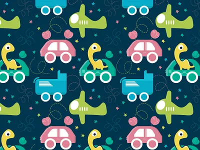 Cute Baby Car Seamless Pattern with Dinosaur all over print animal baby pattern baby pattern illustration baby product manufacturing baby toy childish pattern cute dino dinosour fabrics green pattern illustration kids clothing kids illustration kids products kids toy seamless pattern textile design textile graphics textile pattern