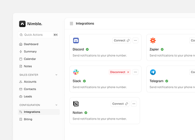 Nimble | Integrations Page clean framer minimal minimalism nimble | integrations page product design saas settings ui web design