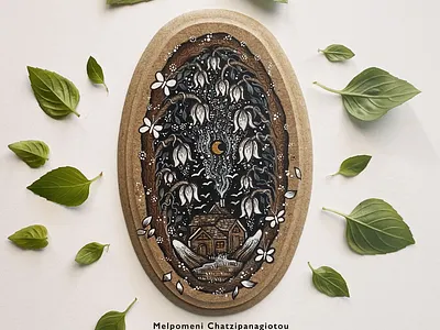 Mystical Botanical Cabin on Wood art artwork botanical branding cabin celestial design drawing flowers galaxy handmade illustration landscape logo moon nature scenery wood art