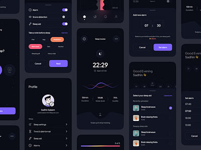 Sleepzy- sleep tracking app| Smart alarm alarm app app design case study dark ui design fitness tracker graphs health monitor app health tracker app mobile modern sleep app sleep assistant sleep duration sleep tracking app smart alarm songs statistics ui ux