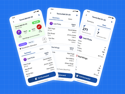 Cricket Scorecard / Cricket Match Summary app app design cricket cricket scorecard match results match results screen match summary navigation navigation tab navigation tabs score summary scorecard scorecard screen sports app sports match summary summary tabs ui