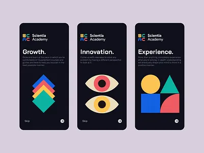 Scientia Academy Onboarding Screens branding colorful dark geometry ios design logo onboarding shapes splashscreen ui ux
