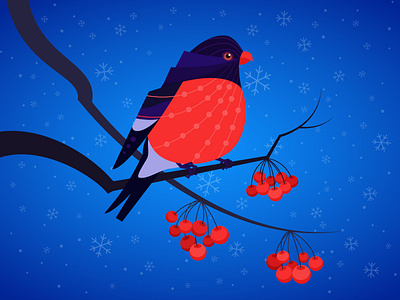 Bullfinch sitting on a rowan tree adobe illustrator bird bullfinch cartoon character cold illustration rowan snow flakes snowfall snowing vector winter winter berries winter bird