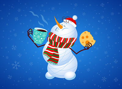 Snowman drinking cacao adobe illustrator biscuit cacao cartoon character christmas christmas card christmas mood cold frost happy new year holiday illustration merry christmas snow flakes snowfall snowman vector winter