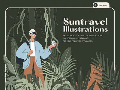 Jungle travel adventure character compass discovery jungle nature tiger tourism traveler trip tropical plants vacation vector