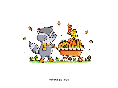 Chip and Charlie - Fall fun 🍂 acorn affinity designer autumn bird cartoon character design cute animals fall forest friends illustration illustrator leaf leaves mushroom procreate pumpkin raccoon vector woodland